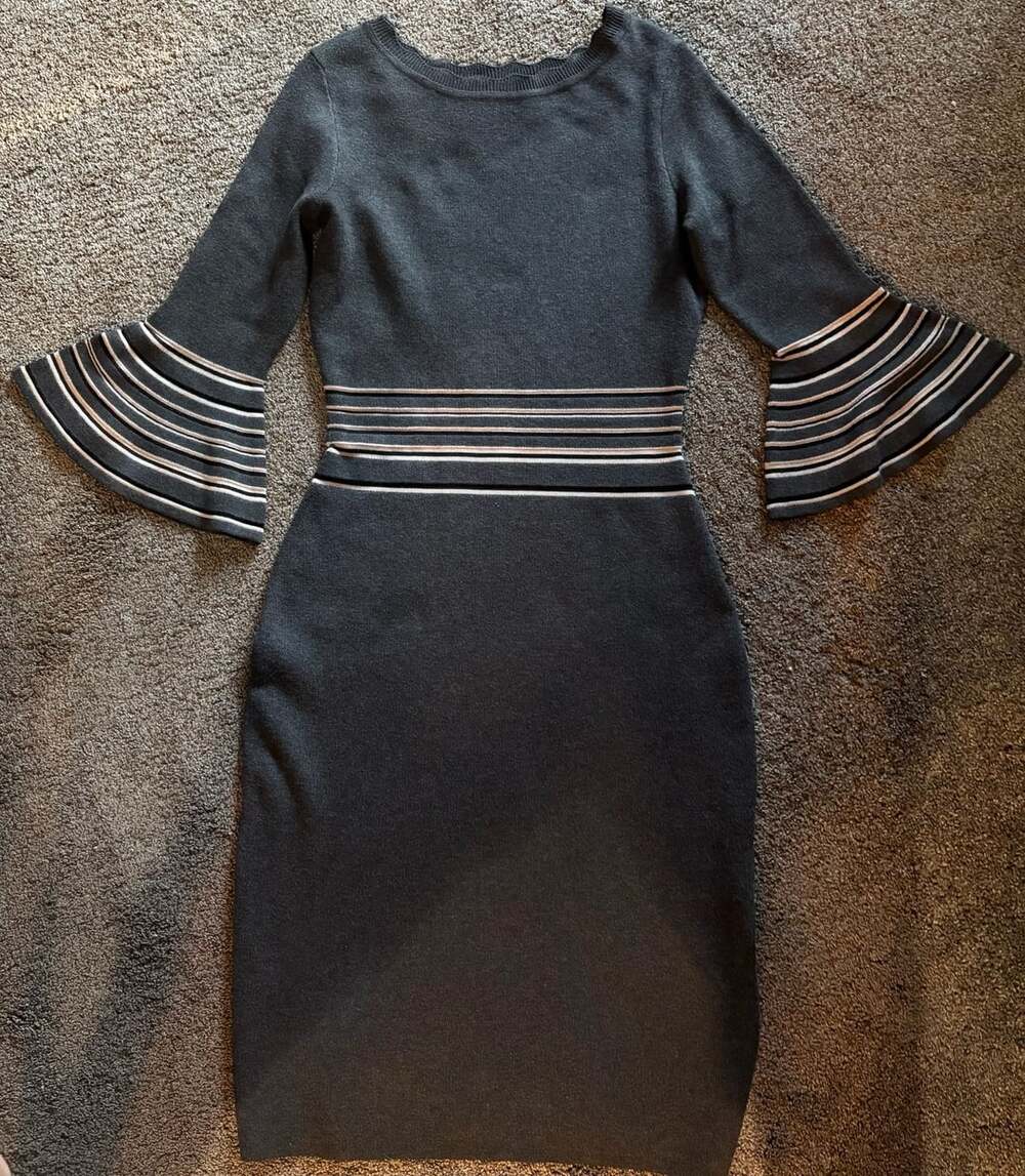 Danny and Nicole Sweater Dress Size L Gray Striped Bell Sleeve